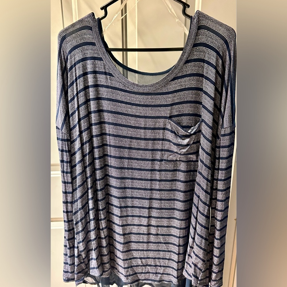 Navy blue striped women’s shirt.